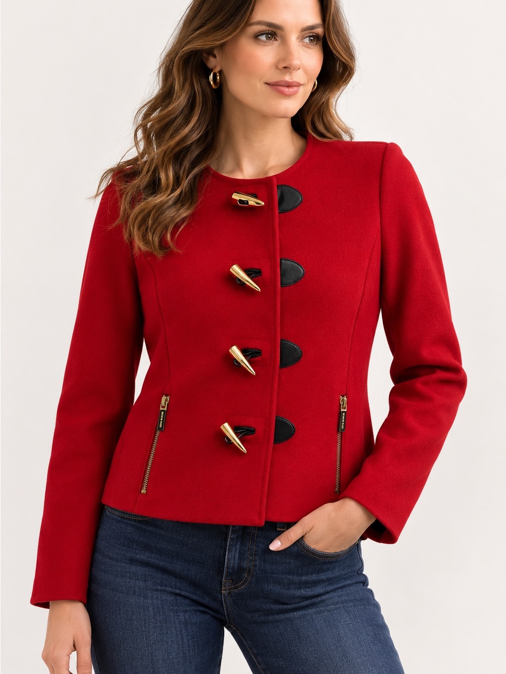 Michael Kors Red Wool Toggle Jacket Size 4